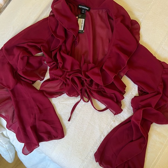 PrettyLittleThing Deep Red Ruffle Blouse - Picture 1 of 3